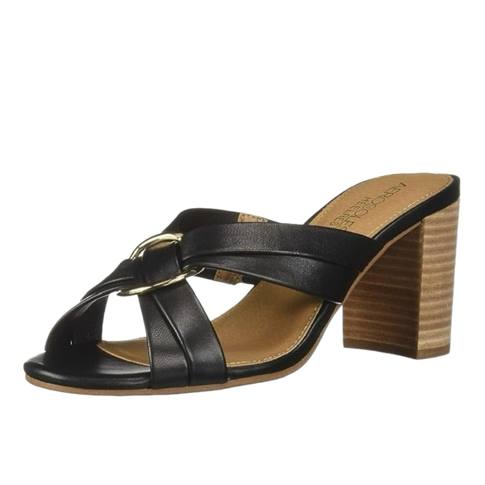 AEROSOLES Black Leather Knot Slide Heels with Wood Block Heel